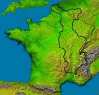 Map showing approximate extent of Borgonze superimposed on OTL France. The borders certainly need to be adjusted to correspond to natural boundaries.