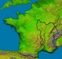 The greatest extent of Borgonze, or rather Burgundia, during the Dark Ages, superimposed on modern OTL France.