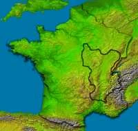 The medieval Duchy of Borgonze before the Hundred Years War, superimposed on modern OTL France.
