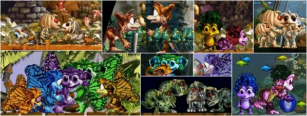 A miscellaneous image of some of Don's breeds, including the Creatures 1 Ettin, Red Kanga Norns, Day Norns, Ettin family, Butterfly Norns, Blueberry Norns and the Grendel family.