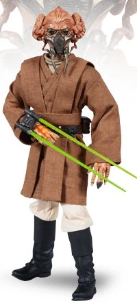 La figura de Plo Koon de Sideshow Collectibles, con el guantelete conceptual con sables de luz gemelos.