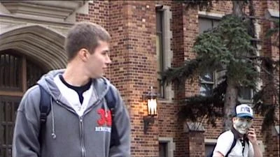 Scott (Brock Berglund realizes he is being followed by his new acquaintence Terry (Willie Hart) in To Befriend a Stalker.
