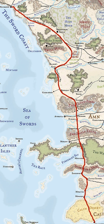 The Sword Coast, with the Trade Way highlighted in red.