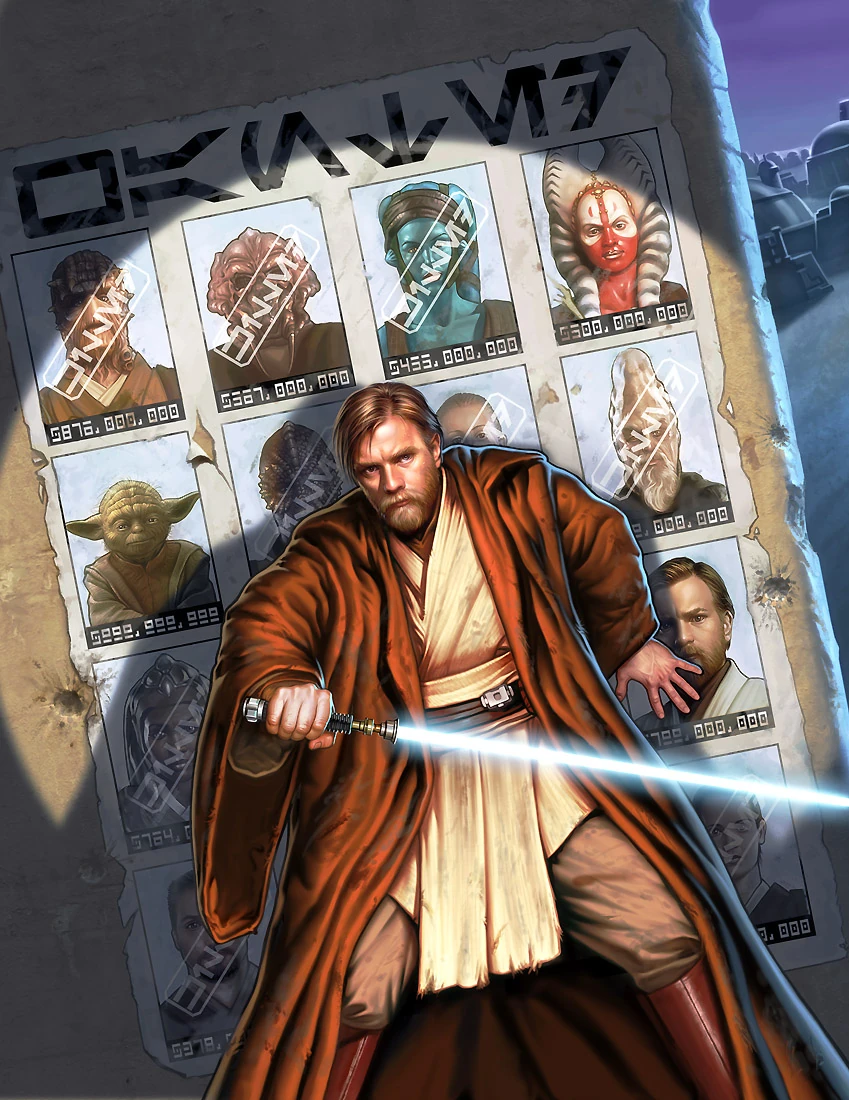 Un poster des Jedi recherchés par l'Empire, incluant Stass Allie, derrière Obi-Wan Kenobi