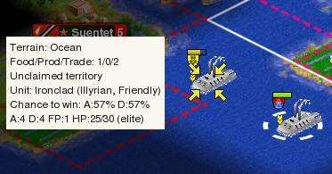 57% chance to win both when attacking and defending with Ironclads.