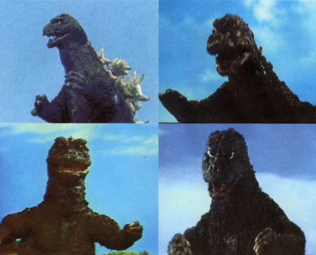 Godzilla's appearance gradually changed throughout the early-1960s and mid-1970s. From top-left to bottom-right, Top left King Kong vs. Godzilla (1962), Top right Ebirah, Horror of the Deep (1966), Bottom left Godzilla's Revenge (1969), and Bottom right Godzilla vs. Mechagodzilla (1974)