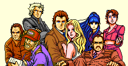 The cast of Snatcher from left to right: Jean Jack Gibson, Harry Benson, Random Hajile, Gillian Seed, Jamie Seed, Katrina Gibson, Benson Cunningham and Mika Slayton.