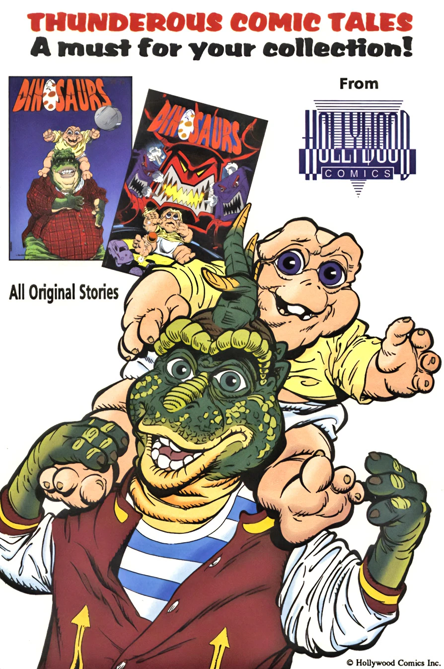 Robbie and Baby Sinclair front an ad for the two issue run of the Dinosaurs comic book