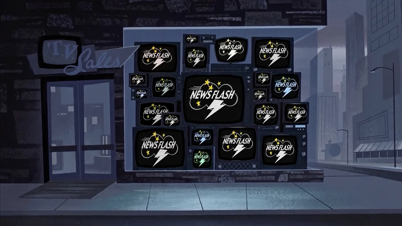 The scene from the Powerpuff Girls Movie parodying the Sesame Street News logo.