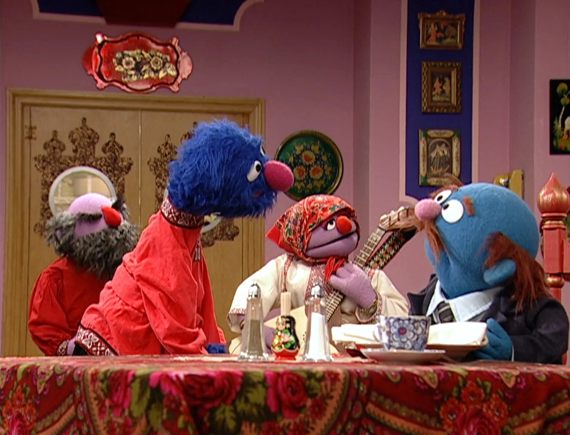 Grover serves Mr. Johnson at a Russian restaurant.