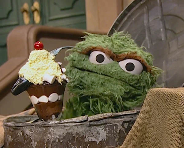 Oscar prepares to enjoy a grouchy sundae