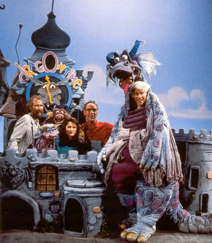 Jim Henson, Desiree, Gertha, Lisa Waltz, Richard Hunt, and Fred Newman as Clyde on the Dragon Time set.