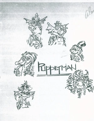 Puppetman script cover page, festooned with illustrations of six of the puppets; second mimeo, dated April 1, 1987