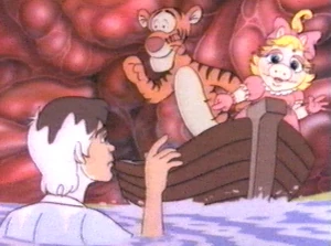 Tigger and Baby Piggy wave to a floundering Michael in Cartoon All-Stars to the Rescue