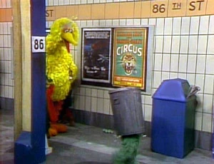 Big Bird and Oscar the Grouch coming home from ice skating.