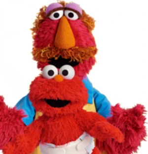 The mustached form of Elmo's Daddy with baby Elmo.