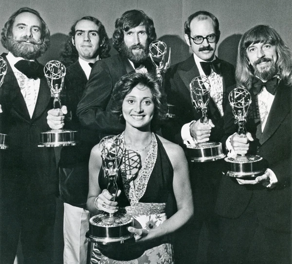 Left to right, Jerry Nelson, Richard Hunt, Jim Henson, Frank Oz, Caroll Spinney, and Fran Brill accepting their "Outstanding Individual Achievement" awards for Sesame Street in 1974