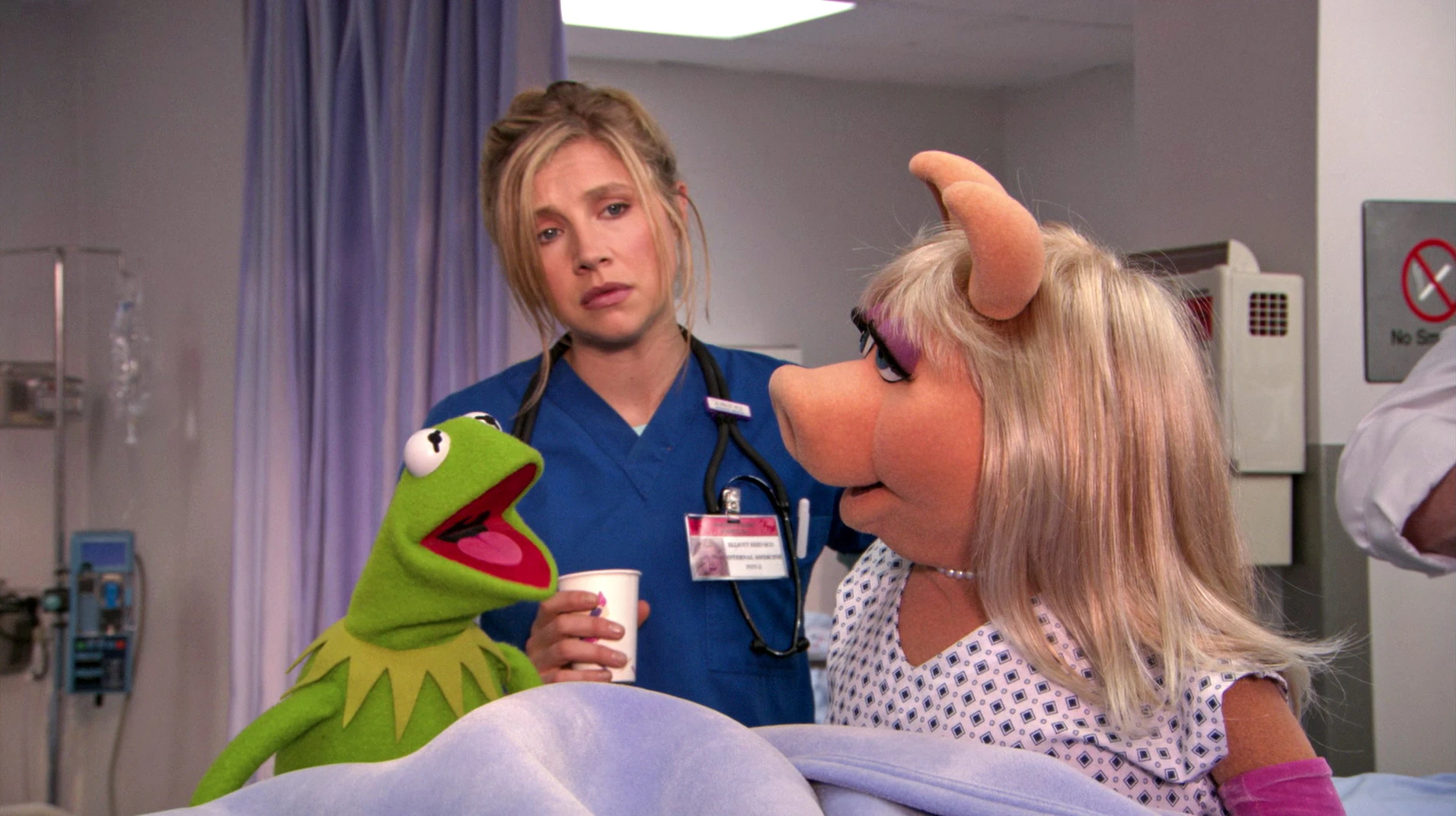 Sarah Chalke with Kermit and Miss Piggy