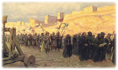 Gravura retratando a marcha em retirada dos cristãos após queda de Jerusalém
