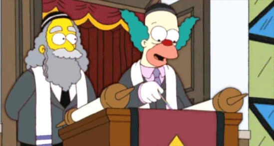 Krusty e seu pai na Sinagoga