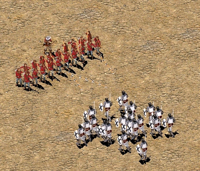European Archers, with a crossbowman as a commander, engage a group of advancing swordsmen in the middle of a desert.