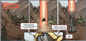 Megatron arrives at Starscream's base by orbital bounce.  (Infiltration #6)