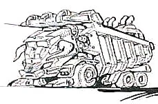 The name 'Bonecrusher' is commonly applied to heavy-duty construction transport vehicles or buffalo, or something in-between.Amusingly, Hasbro once produced a concept sketch for a buffalo/construction-vehicle hybrid.