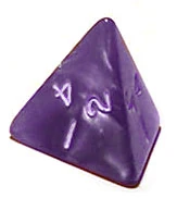 Another design of d4, displaying a result of 1 (result is along bottom edge)