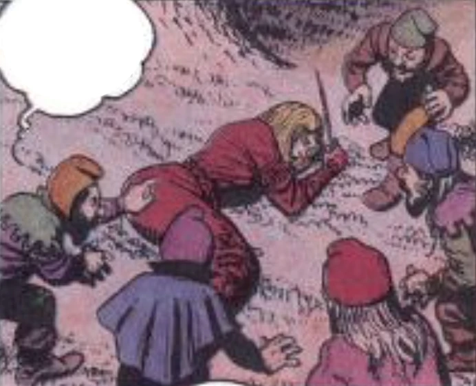 The gnomes find Renfri in the "Mniejsze zło" graphic novel