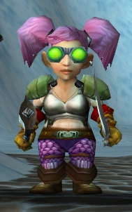 Female gnome wearing Green Tinted Goggles